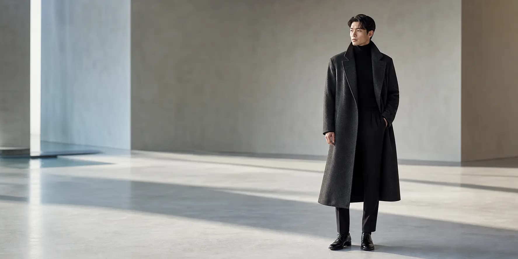 차콜 울 코트를 입은 모델이 모더니스트 공간에 서 있는 메종 누아르 캠페인